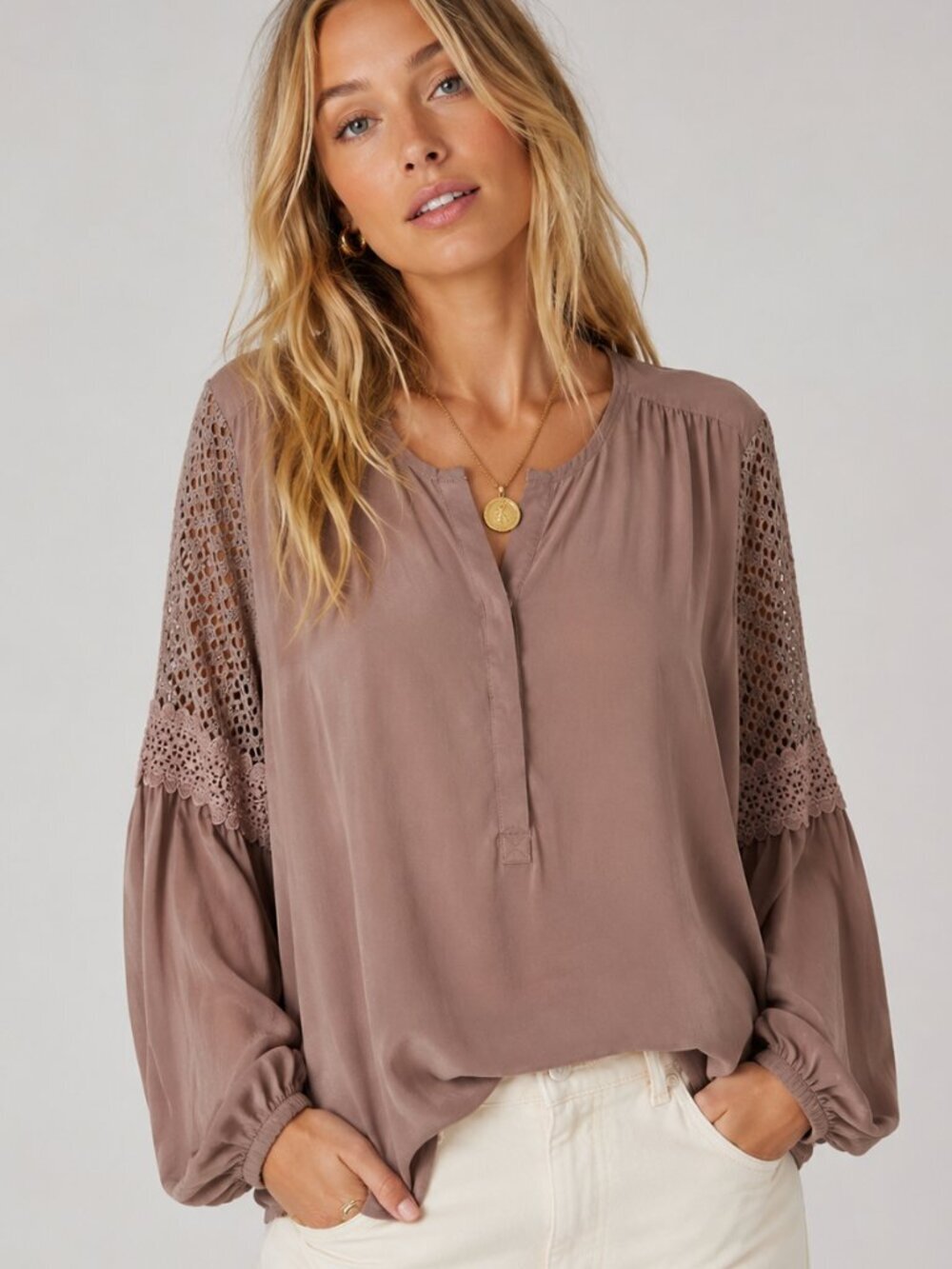 Charlie Paige Crochet Sleeve Peasant Blouse